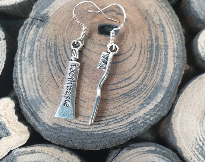 Toothpaste and toothbrush earrings on sterling silver ear wires. Dental Receptionist Gift, Dentist Gift