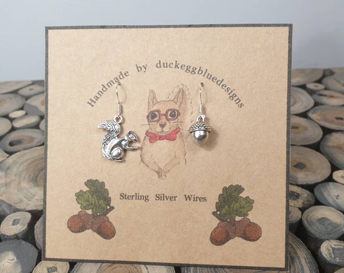Squirrel and Acorn Earrings, Nature Lover Earrings, Sterling Silver Wires, Squirrel Nutkin Earrings, Postable Stocking Filler, Covid Gift