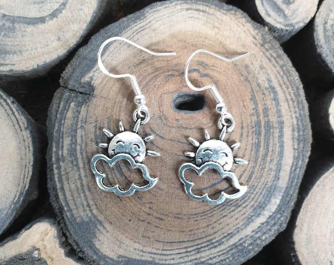 Sun and Cloud Drop Earrings, Sterling  Silver Ear Wires,