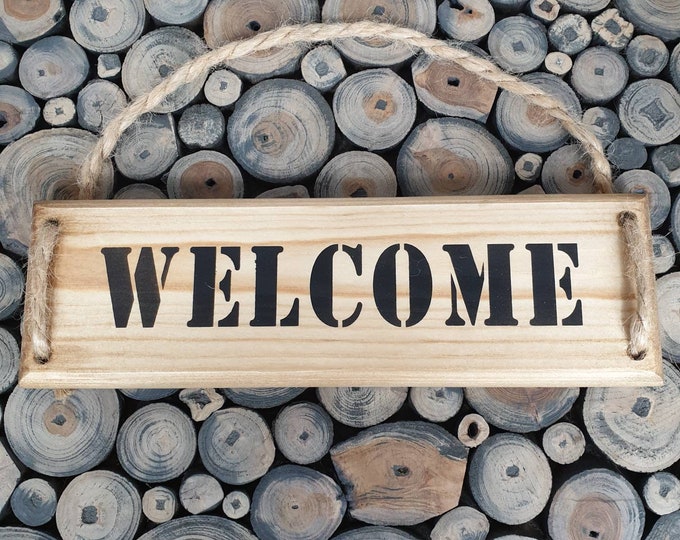 Wall Plaque / Sign - Welcome, handmade from recycled or fsc timber, stained in a mid oak weatherproof stain with a 4 ply jute hanger