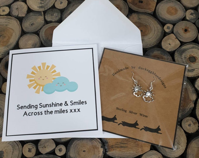 Sending Sunshine and Smiles Across the Miles, Cloud and Sun Earrings with matching greeting card, Postable Letterbox Gift, Covid Gift