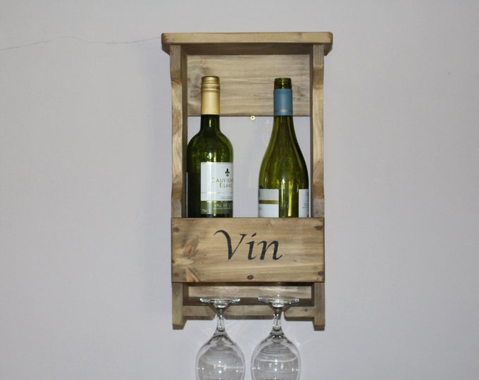 Rustic Wine Rack - holds upto 2 wine bottles and 2 wine glasses-handmade from recycled or fsc timber and stencilled with the word ''Vin''