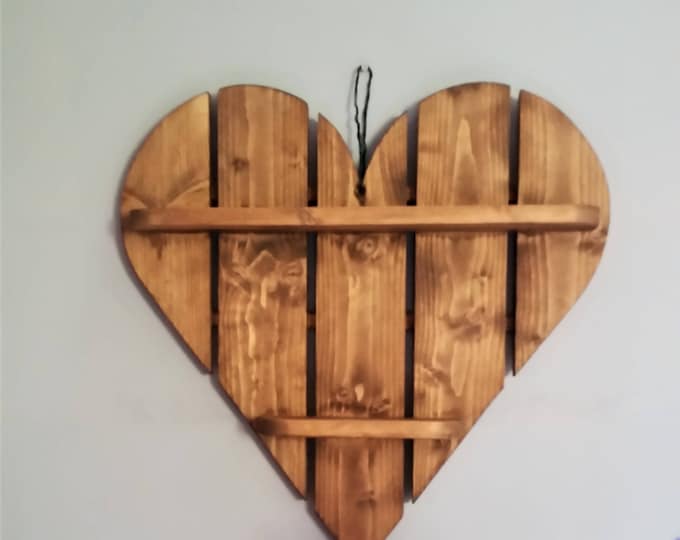 Large Rustic Wooden Heart with 2 shelves, Mid Oak Stain