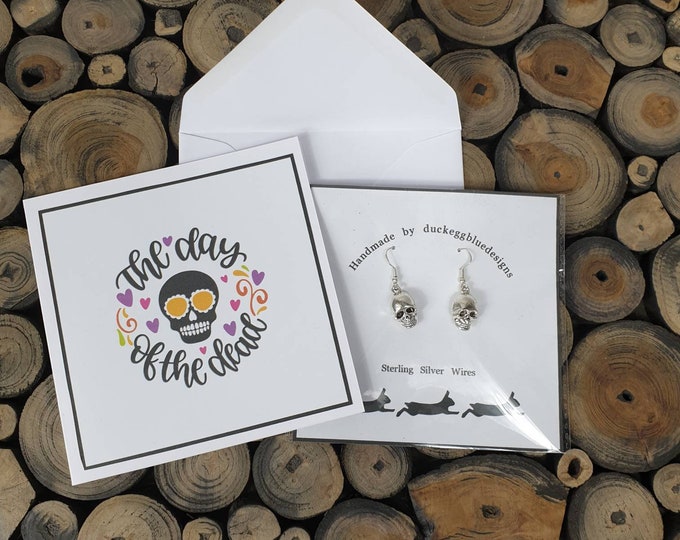 Skull Earrings, Matching  Day of the Dead Greeting Card, Halloween Gift, Postable Present, Letterbox Gift, Covid Card