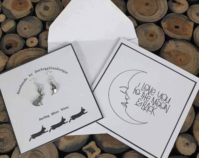 Hare and Moon Earrings, I love you to the moon and back greeting card, postable gift, letter box gift,