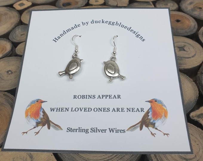 Robin Earrings, Robins Appear when loved ones are near, Robin Redbreast, Bird, Dangle Earrings, Sterling Silver Ear Wires, Little Birdies,