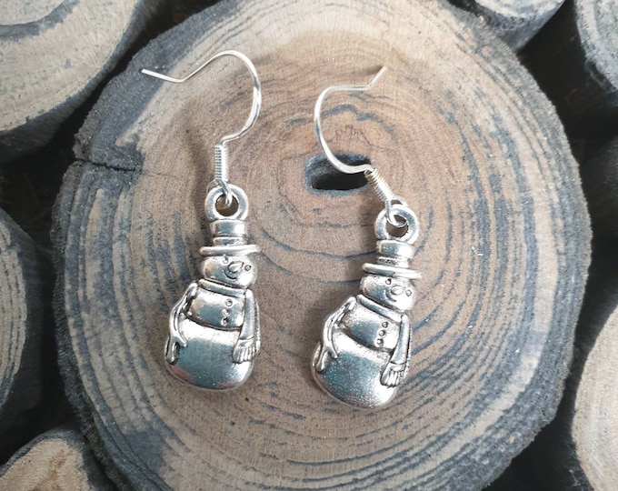 Snowman Earrings, Sterling Silver Ear Wires, Tibetian Silver Charm, Christmas Gift, Stocking Filler, Advent Calendar Gift