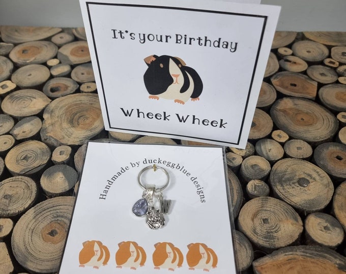 June Birthday Guinea Pig Keyring, June Birthstone, Birthday Card