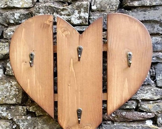 Rustic Wooden Heart with  key hooks handmade from fsc or recycled timber