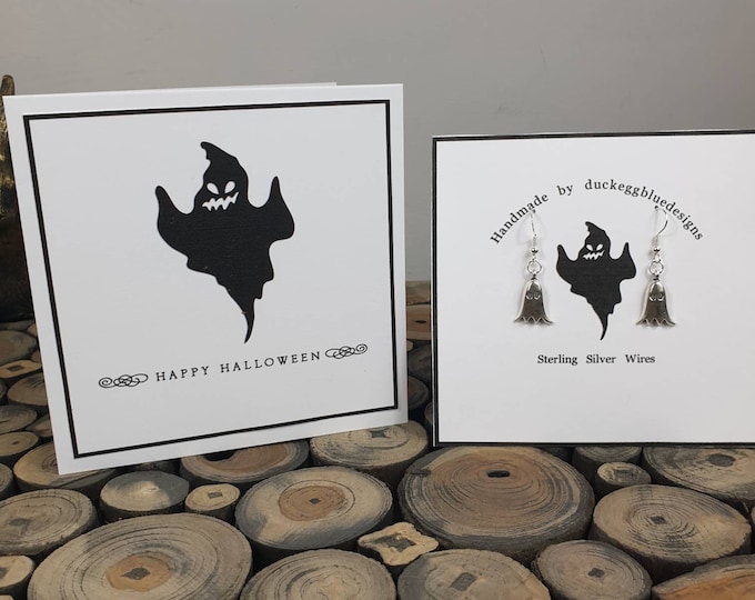 Spooky Ghost Halloween Earrings with matching greeting card, postable gift, letter box gift, Covid Gift