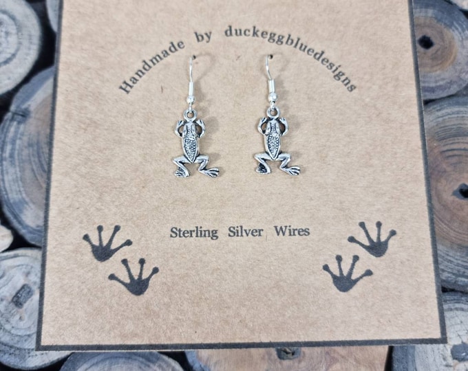 Frog Dangle and Drop Earings with Sterling Silver earwires, nature earrings, amphipian lover gift