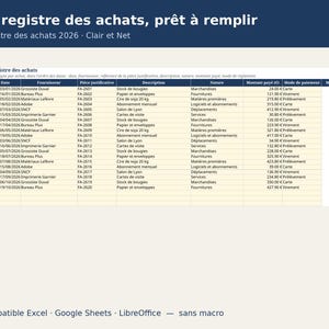 Registro degli acquisti francese per gli autoimprenditori 2026 (in francese) – Registre des Achats, Expense Tracker – Excel e Fogli Google