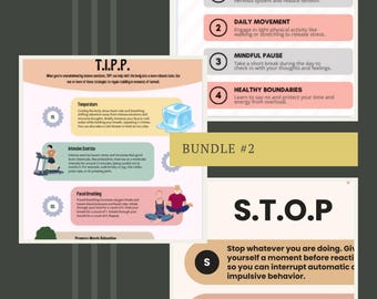 May include: A digital bundle of three educational infographics titled 5 Simple Tips to Manage Daily Stress, T.I.P.P., and S.T.O.P. The charts feature pastel-colored sections with numbered lists, icons, and text explaining stress management techniques.