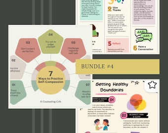 May include: A digital educational bundle featuring three infographic sheets titled 6 Gratitude Exercise, 7 Ways to Practice Self-Compassion, and Setting Healthy Boundaries. The documents use pastel colors, numbered lists, and icons to explain mental health concepts.