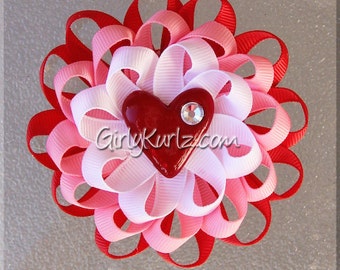 Valentine's Heart Hair Bow, Valentine Loopy Flower, Valentine Hair Bow, Pink Red White, Flower Hair Bow