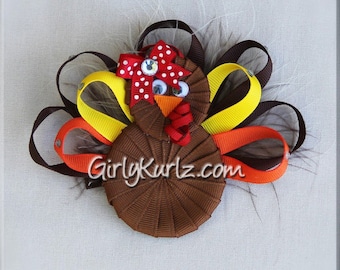 Turkey Hair Bow, Thanksgiving Hair Bow, Turkey Ribbon Sculpture, Thanksgiving Hair Clip, Thanksgiving Hair Bow, Turkey Hair Clip