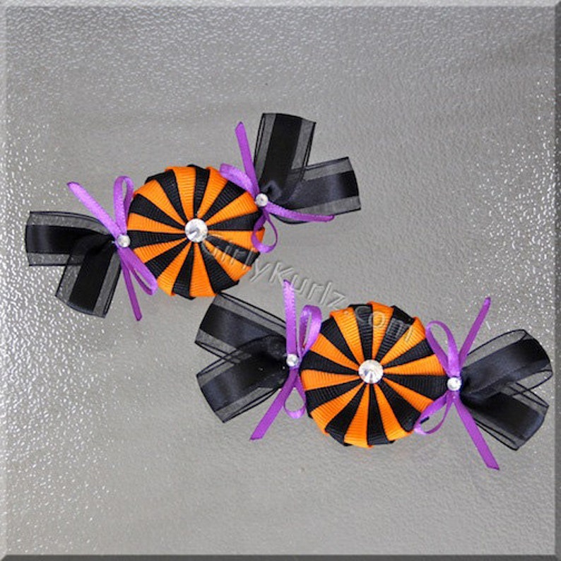 Peppermint Candy Hair Clip, Halloween Hair Clips, Halloween Hair Bow, Orange Black Hair Clips image 3