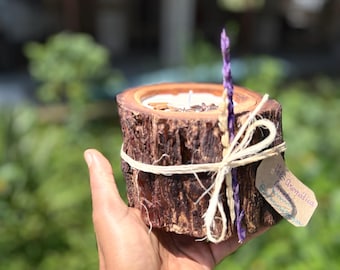 Handmade Rustic Candle in Natural Wood & Ceramic, Unique Organic Shape, Coconut Wax Candle, Botanical Home Decor, Artisan Gift