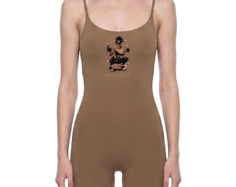 Black Woman Squat Art U-Neck Yoga Romper, Dominate Women's Workout Bodysuit, Gift for Lifter