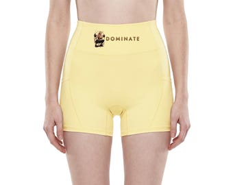 Blonde Woman Squat Art Pocket Yoga Shorts, Dominate Women's High Rise Gym Shorts, Gift for Lifter