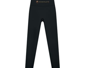 Dominate High Waisted Leggings for Women, Asian Woman Weightlifter Art with Cherry Blossoms, Gold Lettering Gym Wear, Strong Woman Gift