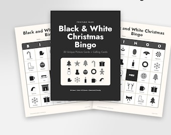 Weihnachtsbingo in Schwarz-Weiß, 50 druckbare, tintensparende Bingokarten, Ausmalbild-Bingo für Kinder, Weihnachtsspiel für die Schule