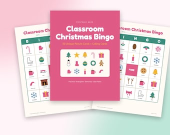 Weihnachtsbingo für die Schule, 50 ausdruckbare Bildbingokarten für Kinder, Spiel für die Weihnachtsfeier in Vorschule und Kindergarten, Spielkarten