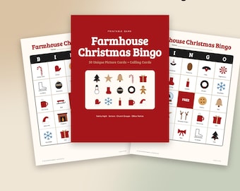 Weihnachtsbingo im Landhausstil, 50 einzigartige, ausdruckbare Bingokarten, kariertes Familienspiel für Erwachsene und Senioren