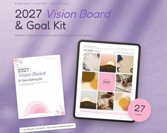 Kawaii Vision Board Kit 2027, Niedliche Pastell-Zielsetzungsvorlage zum Ausdrucken, Vision Board-Vorlagen, Manifestations-Arbeitsbuch, Digitales PDF