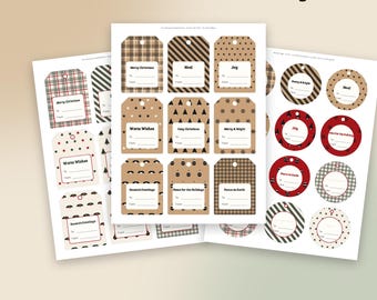 Weihnachtsgeschenkanhänger im Landhausstil, 87 rustikale Anhänger zum Ausdrucken (PNG & PDF), karierte Kraftpapier-Geschenkanhänger, runde Anhänger, zum Ausdrucken und Ausschneiden
