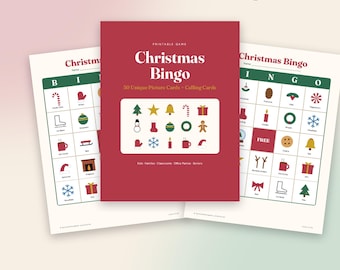 Weihnachtsbingo-Karten, 50 einzigartige, ausdruckbare Bildbingo-Spiele, Spiel für Kinder in der Schule und für Familienweihnachtsfeiern, inklusive Spielkarten