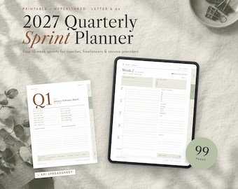 Salbeigrüner Planer 2027, Boho-Quartalszielplaner, 90-Tage-Sprintplaner, GoodNotes iPad (digital & druckbar), Wochenplaner
