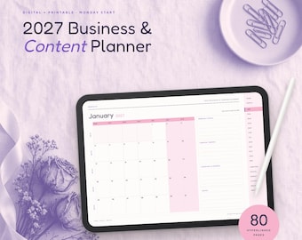 Kawaii-Planer 2027, Niedlicher Business- und Content-Planer in Pastellfarben, Digitaler GoodNotes-Planer für iPad, Druckbarer Montags-Startplaner, Rosa Planer