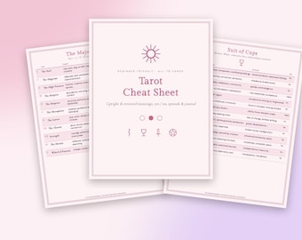Pinkfarbener Tarot-Spickzettel, Bedeutungen aller 78 Karten (aufrecht und umgekehrt), Niedlicher Tarot-Leitfaden für Anfänger, Ja/Nein-Tarot, druckbare PDF-Datei