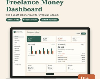 Budgetplaner für Freiberufler, Budgetplanung bei unregelmäßigem Einkommen, Offline-HTML-Dashboard, Steuer-Tracker für Selbstständige, Schuldenabbau, Sofort-Download