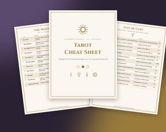 Tarot-Spickzettel, Bedeutungen aller 78 Karten (aufrecht und umgekehrt), Tarot-Anleitung für Anfänger, Ja/Nein-Tarot, Legesysteme, druckbare PDF-Datei