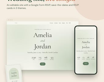 Hochzeitswebsite-Vorlage mit RSVP-Funktion, bearbeitbarer Save-the-Date-Karte, druckbarer Antwortkarte, Salbeigrün, Terrakotta, Schwarz-Weiß, kostenloses Hosting, digital