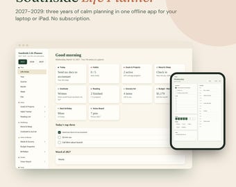 Digitaler Planer für 2027, 2028 und 2029, Offline-Lebensplaner-App (HTML) für iPad und Laptop, Gewohnheitstracker, Zielplaner, Stimmungstracker, Visionboard
