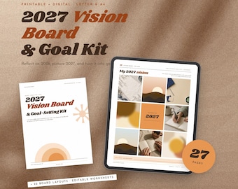 Retro-Visionboard-Set 2027, Vintage-Zielsetzungsvorlage im Stil der 70er Jahre zum Ausdrucken, Visionboard-Vorlagen zum Ausdrucken, Manifestations-Arbeitsbuch, digital & PDF