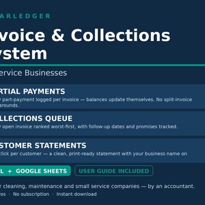 Può includere: Un grafico digitale blu scuro per il sistema di fatturazione e riscossione ClearLedger per aziende di servizi. Elenca funzionalità tra cui pagamenti parziali, coda di riscossione ed estratti conto dei clienti, con Excel, Google Sheets e una guida utente inclusa.