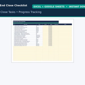 May include: A digital Month-End Close Checklist spreadsheet template featuring 24 accounting tasks, columns for area, owner, status, date done, and notes. The header reads Month-End Close Checklist, Excel + Google Sheets, Instant Download.