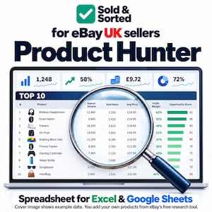 May include: A laptop screen displays the Sold & Sorted Product Hunter interface for eBay UK sellers. A magnifying glass focuses on a top 10 product list with columns for search volume, sold items, average price, profit margin, and opportunity score.
