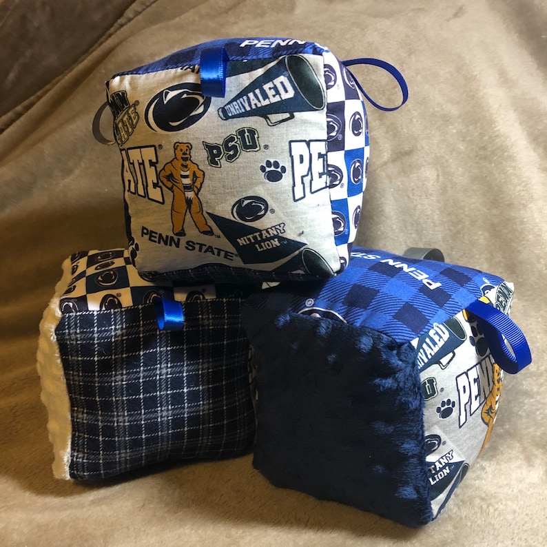 May include: Three blue and white fabric cubes with a Penn State Nittany Lion theme. The cubes are stacked on top of each other. The top cube has the words "Penn State" and "Nittany Lion" on it. The middle cube has a plaid pattern. The bottom cube has a blue and white checkered pattern.