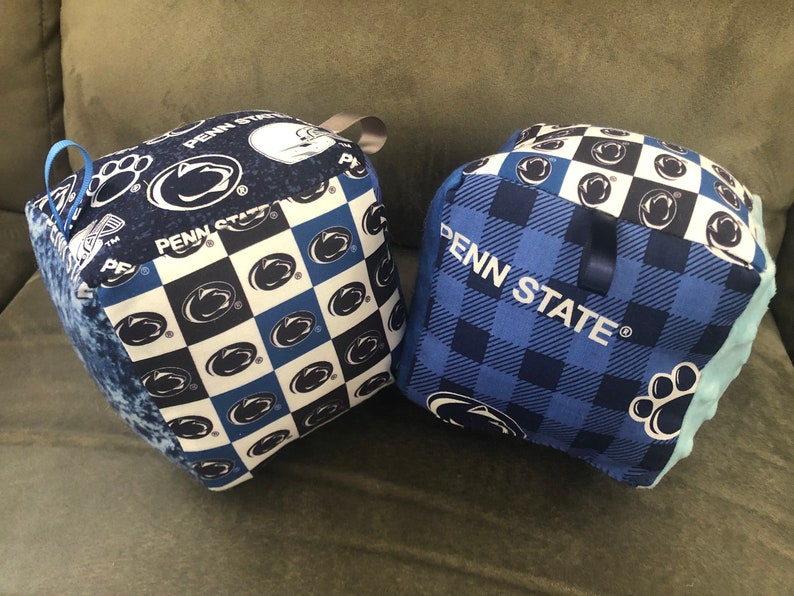 May include: Two blue and white Penn State University themed fabric cubes. One cube has a checkered pattern with the Penn State logo and the other has a blue and white plaid pattern with the words "Penn State" in white.