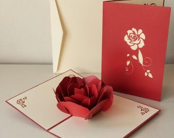 Pop-up wenskaart met rode roos en envelop | 3D bloemenkaart | Valentijnsdag | Jubileum