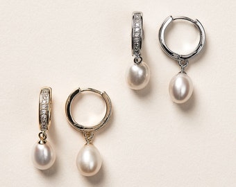 Pearl Drop Earrings • Gold Hoop Earrings • Silver Hoop Earrings • Dainty Hoop Earrings • Freshwater Pearl Hoop Earrings • 4357