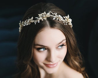 Floral & Crystal Hair Vine • Wedding Headpiece • Bridal Hair Vine • Gold Hair Vine • Bridal Headpiece • Floral Wedding Hair Accessory • 3390