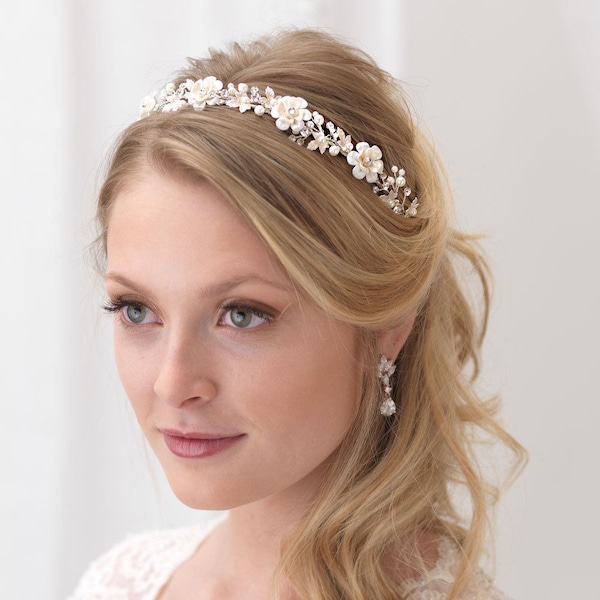 Floral Bridal Headband, Flower Wedding Headband, Pearl Bridal Headband, Pearl Bridal Headpiece,Bridal Hair Accessory,Ivory Headband ~TI-3307