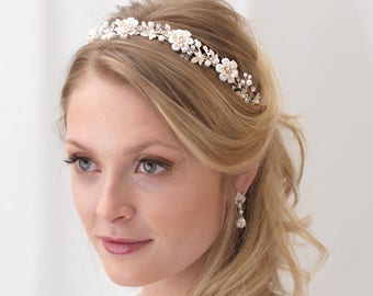 Bandeau de mariée floral, bandeau de mariage fleurs, bandeau de mariée en perles, casque de mariée en perles, accessoire de cheveux de mariée, bandeau ivoire ~ TI-3307