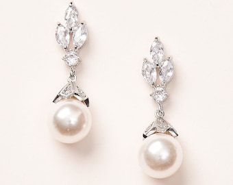 CZ Pearl Wedding Earrings, Pearl Bridal Earrings, Pearl Bridal Earrings, Wedding Earrings, CZ Drop Wedding Earrings, Pearl Jewelry ~4317